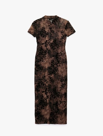 Yırtmaçlı Slim Fit Kısa Kollu Dik Qipao Yaka Kadife Çiçek Dokulu Tül Midi Elbise