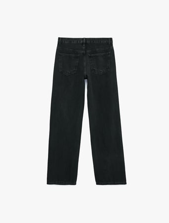 Taş Detaylı Düğmeli Yüksek Bel Düz Paça Denim Pantolon - Straight Fit Jean