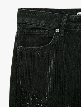 Taş Detaylı Düğmeli Yüksek Bel Düz Paça Denim Pantolon - Straight Fit Jean