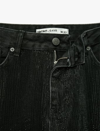 Taş Detaylı Düğmeli Yüksek Bel Düz Paça Denim Pantolon - Straight Fit Jean