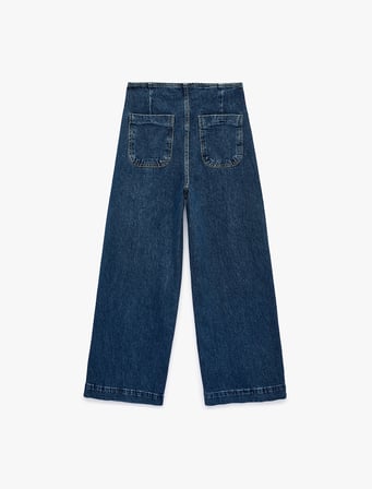 Pamuklu Cep Detaylı Düğmeli Geniş Kısa Paça Denim Pantolon - Culotte Jeans
