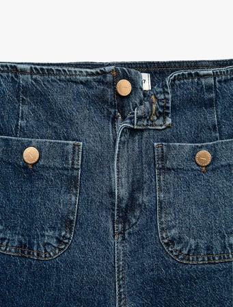 Pamuklu Cep Detaylı Düğmeli Geniş Kısa Paça Denim Pantolon - Culotte Jeans
