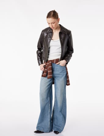 Yüksek Bel Dikiş Detaylı Düğmeli Cepli Geniş Paça Denim Pantolon - Wide Leg Jean