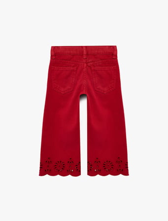 Beli Ayarlanabilir Lastikli Cep Detaylı Pamuklu Gabardin Brode Detaylı Geniş Paça Pantolon