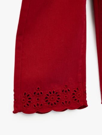 Beli Ayarlanabilir Lastikli Cep Detaylı Pamuklu Gabardin Brode Detaylı Geniş Paça Pantolon