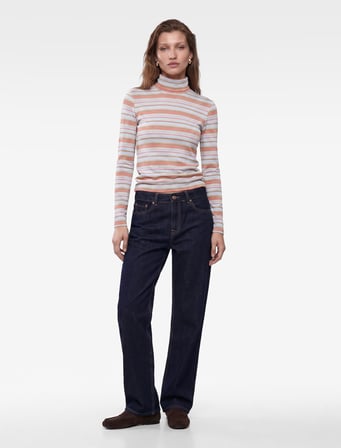 Slim Fit Viskon Parıltılı Çizgili Balıkçı Yaka Uzun Kollu Tişört