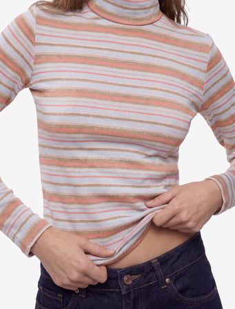 Slim Fit Viskon Parıltılı Çizgili Balıkçı Yaka Uzun Kollu Tişört