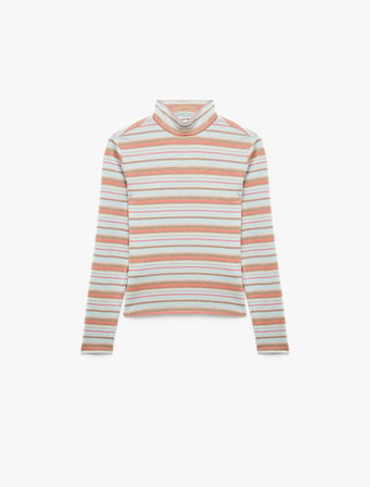 Slim Fit Viskon Parıltılı Çizgili Balıkçı Yaka Uzun Kollu Tişört