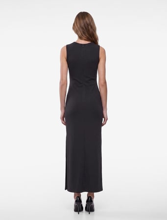 Slim Fit Bisiklet Yaka Yırtmaçlı Drape Detaylı Kolsuz Midi Elbise