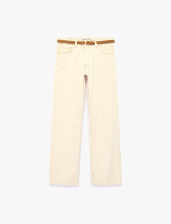 Pamuklu Kemerli Cepli Normal Bel Uzun Düz Paça Pantolon - Straight Fit Jean