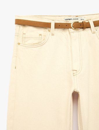 Pamuklu Kemerli Cepli Normal Bel Uzun Düz Paça Pantolon - Straight Fit Jean