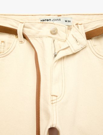 Pamuklu Kemerli Cepli Normal Bel Uzun Düz Paça Pantolon - Straight Fit Jean