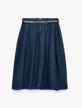 Kemerli Volanlı Normal Bel Rahat Kalıp Pamuklu Denim Midi Etek