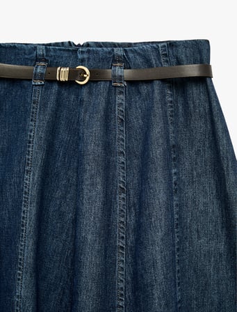 Kemerli Volanlı Normal Bel Rahat Kalıp Pamuklu Denim Midi Etek