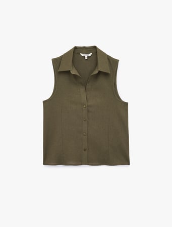 Düğmeli Slim Fit Kolsuz Keten Gömlek