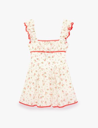 Gipeli Pamuklu Slim Fit Bağlama Detaylı Kare Yaka Askılı Çiçekli Mini Elbise