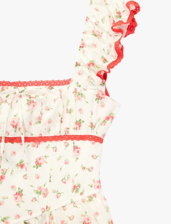 Gipeli Pamuklu Slim Fit Bağlama Detaylı Kare Yaka Askılı Çiçekli Mini Elbise