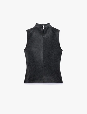 Slim Fit Bağlama Detaylı Kruvaze Çizgili Dik Yaka Kolsuz Bluz