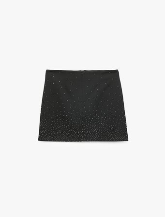 Normal Bel Krep Scuba Kumaş Taşlı Mini Etek