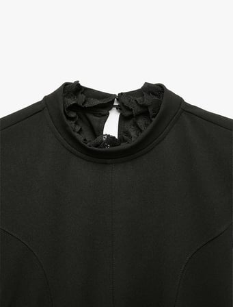 Krep Scuba Slim Fit A Kesim Dik Yaka Dantel Detaylı Kısa Kollu Mini Elbise