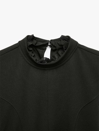 Krep Scuba Slim Fit A Kesim Dik Yaka Dantel Detaylı Kısa Kollu Mini Elbise