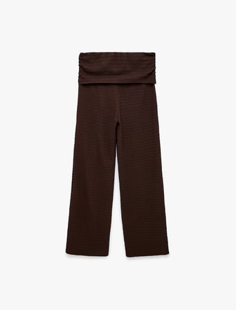 Bürümcük Kumaş Dokulu Belden Kat Detaylı Düz Bol Paça Pantolon