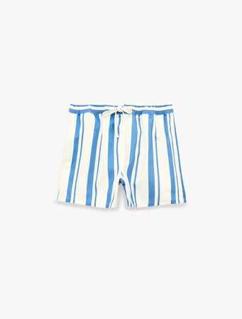 Cepli Rahat Kalıp Beli Bağcıklı Çizgili Mini Denim Şort