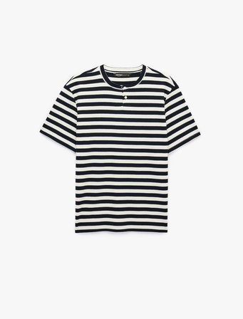 Regular Fit Kısa Kollu Düğmeli Henley Yaka Çizgili Tişört