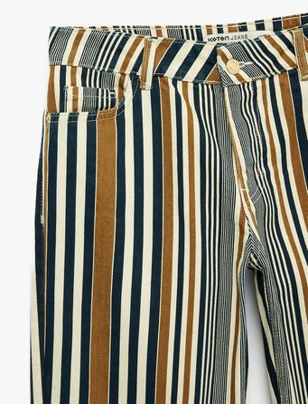 Düğmeli Cepli Pamuklu Düşük Bel Düz Paça Çizgili Pantolon - Straight Fit Jean