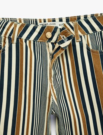 Düğmeli Cepli Pamuklu Düşük Bel Düz Paça Çizgili Pantolon - Straight Fit Jean