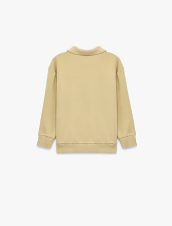 Düğme Detaylı Baskılı Uzun Kollu Polo Yaka Sweatshirt