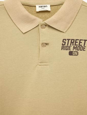 Düğme Detaylı Baskılı Uzun Kollu Polo Yaka Sweatshirt