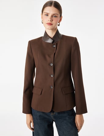 Viskon Karışımlı Uzun Kollu Suni Deri Yaka Detaylı Slim Fit Ceket