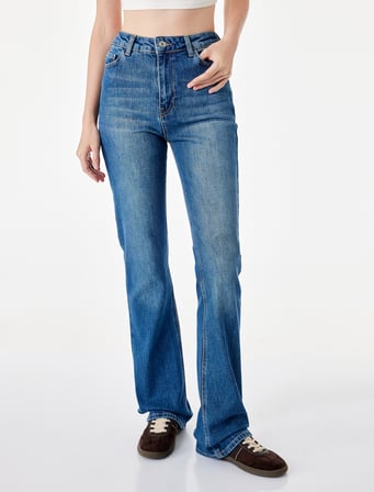 Pamuklu Yüksek Bel Düğmeli İspanyol Paça Denim Pantolon - Flare Jeans
