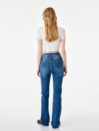 Pamuklu Yüksek Bel Düğmeli İspanyol Paça Denim Pantolon - Flare Jeans