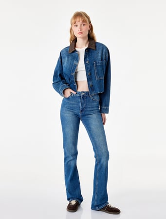 Pamuklu Yüksek Bel Düğmeli İspanyol Paça Denim Pantolon - Flare Jeans