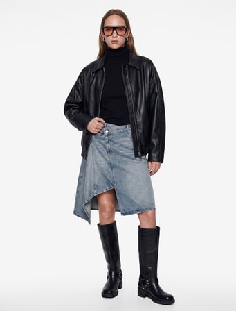 Volanlı Asimetrik Kesim Cepli Normal Bel Düğme Detaylı Pamuklu Denim Etek