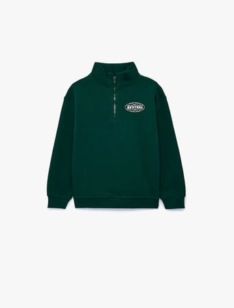 Baskılı Şardonlu Pamuklu Fermuar Detaylı Uzun Kollu Dik Yaka Sweatshirt