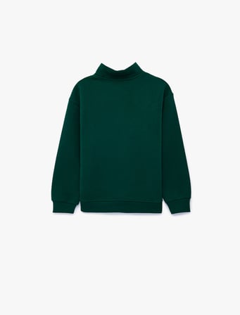 Baskılı Şardonlu Pamuklu Fermuar Detaylı Uzun Kollu Dik Yaka Sweatshirt