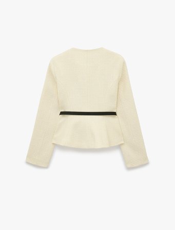 Slim Fit Asimetrik Bisiklet Yaka Kemerli Peplum Tüvit Ceket