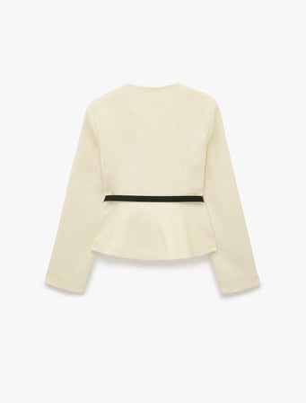 Slim Fit Asimetrik Bisiklet Yaka Kemerli Peplum Tüvit Ceket