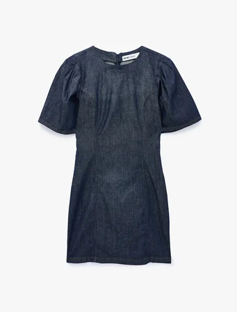 Dikiş Detaylı Pamuklu Kısa Balon Kollu Bisiklet Yaka Mini Denim Elbise