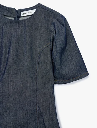 Dikiş Detaylı Pamuklu Kısa Balon Kollu Bisiklet Yaka Mini Denim Elbise