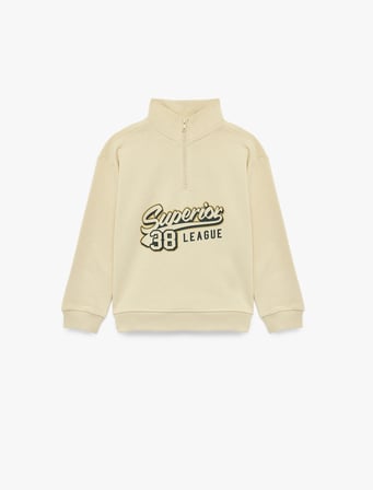 Baskılı Fermuarlı Uzun Kollu Pamuklu Dik Yaka Sweatshirt