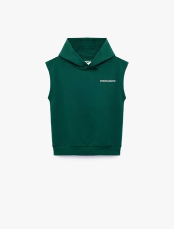 Üç İplik Baskılı Oversize Kapşonlu Kolsuz Sweatshirt