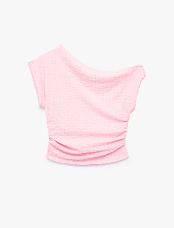 Slim Fit Bürümcük Kumaş Kap Kollu Drapeli Asimetrik Yaka Bluz