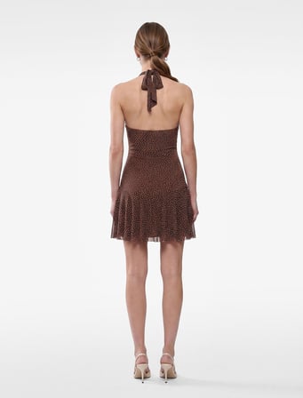 Sırt Detaylı Slim Fit Degaje Yaka Volanlı Kolsuz Taşlı Mini Abiye Elbise