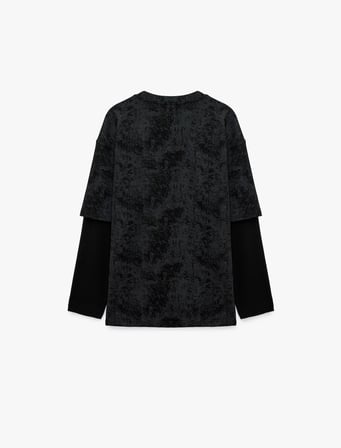 Pamuklu Rahat Kalıp Yıkamalı Bisiklet Yaka Katmanlı Uzun Kollu Tişört
