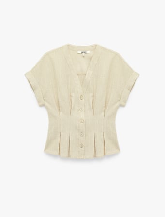 Keten Karışımlı Slim Fit V Yaka Kısa Kollu Bel Vurgulu Pileli Çizgili Gömlek