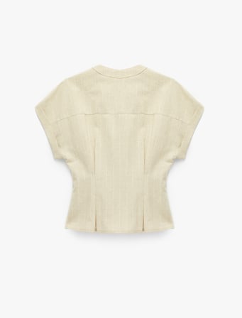 Keten Karışımlı Slim Fit V Yaka Kısa Kollu Bel Vurgulu Pileli Çizgili Gömlek